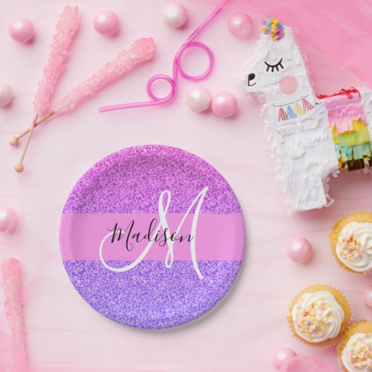 Glam Paars roze glitter sparkle Gradient Monogram Papieren Bordje (Feest)