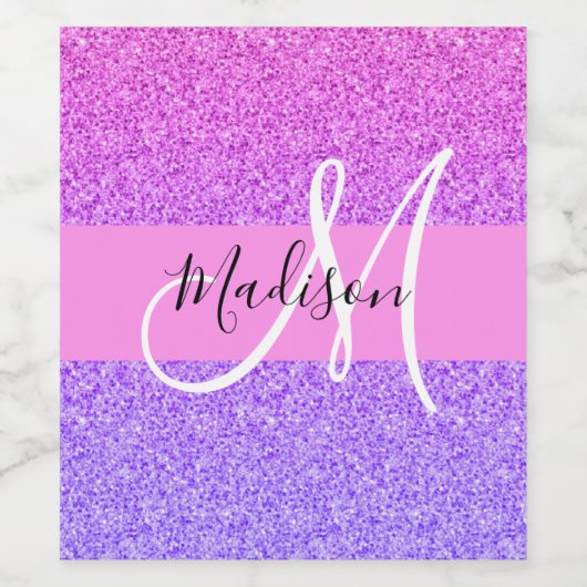 Glam Paars roze glitter sparkle Gradient Monogram Wijn Etiket (Enkel label)