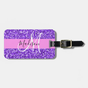 Glam paars & roze glitters glans monogram naam bagagelabel