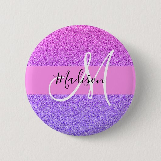 Glam paars roze glitters glans verloop monogram ronde button 5,7 cm (Voorkant)