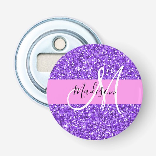 Glam paars & roze glitterschuine monogram naam button flesopener (Voorkant)