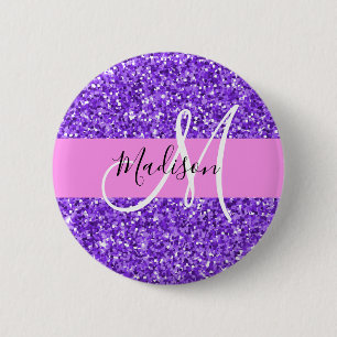 Glam paars & roze glitterschuine monogram naam ronde button 5,7 cm