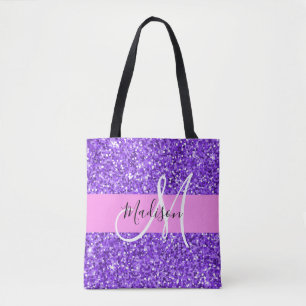 Glam paars & roze glitterschuine streep monogram n tote bag