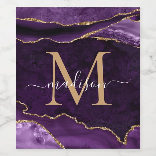Glam Paars Violet Gold Agate Geode Chic Monogram Wijn Etiket (Enkel label)
