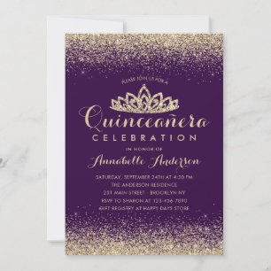 Glam Paars Violet Quinceañera Gold Tiara Glitter Kaart