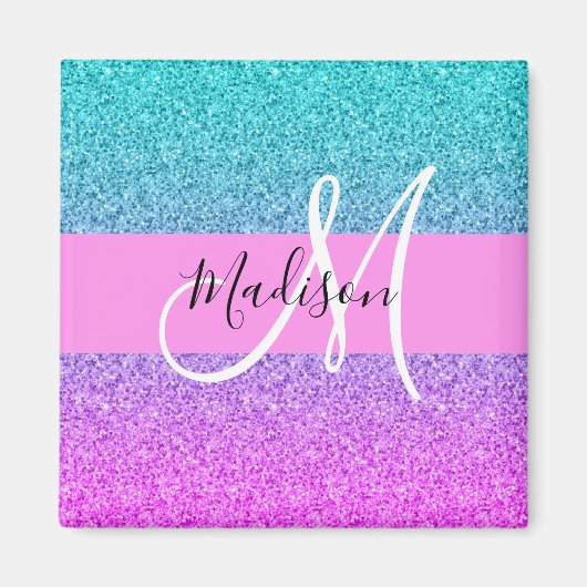Glam paarse aqua glitters glans verloop monogram magneet (Voorkant)