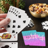 Glam paarse aqua glitters glans verloop monogram pokerkaarten (Insitu)
