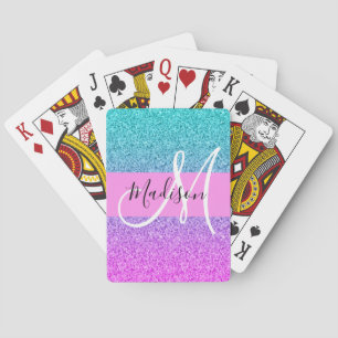 Glam paarse aqua glitters glans verloop monogram pokerkaarten