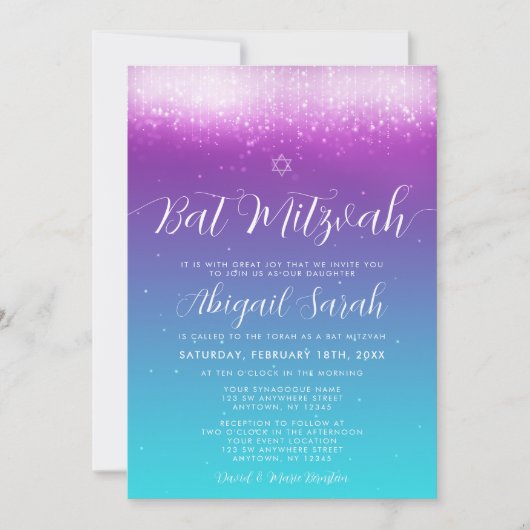Glam Paarse Blauwgroen Bat Mitzvah Kaart (Voorkant)