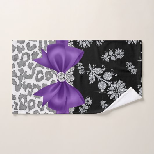 Glam Paarse Bow-Gray Leopard-Silver Floral Sparkle Bad Handdoek (Handdoek)