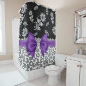 Glam Paarse Bow-Gray Leopard-Silver Floral Sparkle Douchegordijn (In situ)