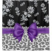 Glam Paarse Bow-Gray Leopard-Silver Floral Sparkle Douchegordijn (Voorkant)
