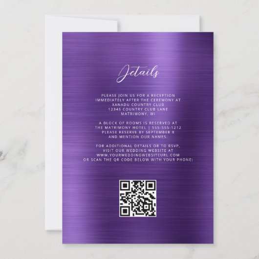 Glam Paarse Brushed Metal QR Code Wedding Kaart (Achterkant)