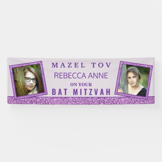 Glam Paarse Chic 2 Foto Verjaardagsbat Mitswa Spandoek (Horizontaal)