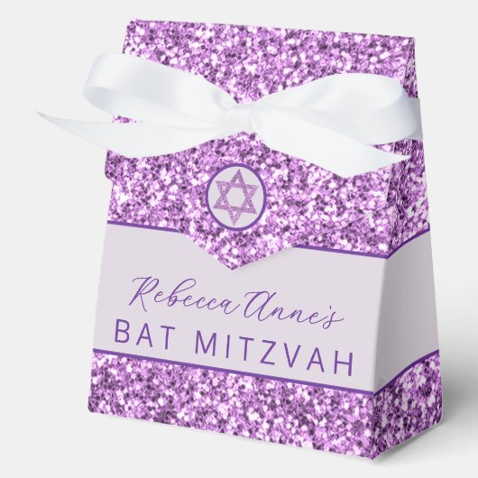 Glam Paarse Chic Faux Glitter Bat Mitzvah Party Bedankdoosjes (Voorkant)