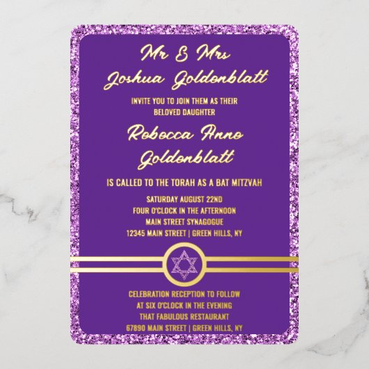 Glam Paarse Classic Elegant Bat Mitzvah Gold Folie Uitnodiging (Voorkant)