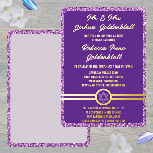 Glam Paarse Classic Elegant Bat Mitzvah Gold Folie Uitnodiging