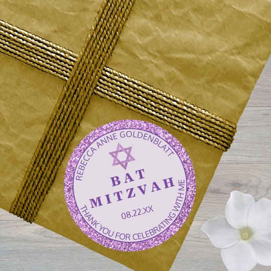 Glam Paarse Dank u Chic Bat Mitzvah Partij Ronde Sticker