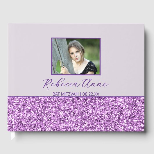 Glam Paarse Eenvoudige Elegante Foto Bat Mitzvah Gastenboek (Voorkant)