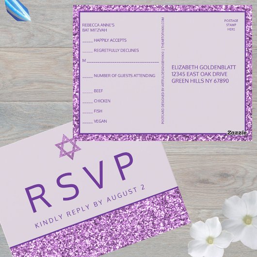 Glam Paarse eenvoudige moderne Bat Mitzvah RSVP Briefkaart