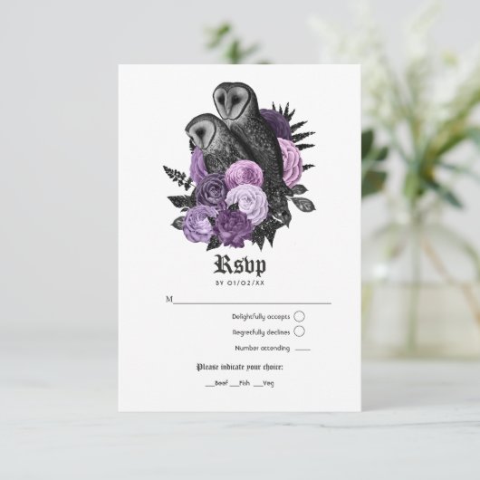 Glam Paarse Eigendom Gothic Wedding RSVP Kaartje (Staand voorkant)