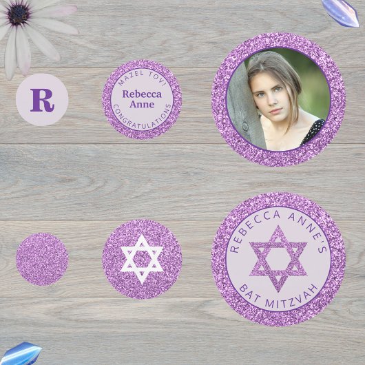 Glam Paarse Elegant Meisje Foto Bat Mitzvah Party Confetti