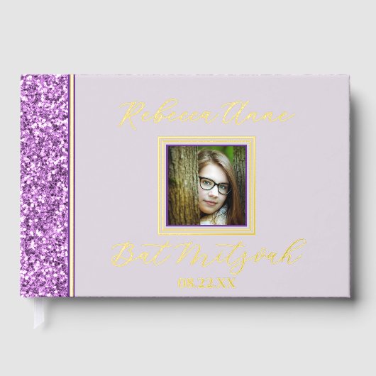 Glam Paarse Elegant Photo Bat Mitzvah Gold Gastenboek (Voorkant)