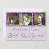 Glam Paarse Elegant Script 3 Photo Bat Mitzvah Kaart (Voorkant)