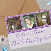 Glam Paarse Elegant Script 3 Photo Bat Mitzvah Kaart