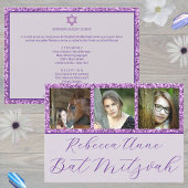 Glam Paarse Elegant Script 3 Photo Bat Mitzvah Kaart