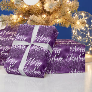 Glam Paarse Folie Glitter Merry Kerstscript Cadeaupapier