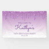 Glam Paarse Glitter Drip 16e Verjaardagsbanner Spandoek (Horizontaal)