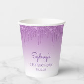 Glam Paarse Glitter Drip 21ste Verjaardagsfeest Papieren Bekers (Voorkant)