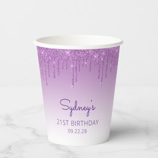 Glam Paarse Glitter Drip 21ste Verjaardagsfeest Papieren Bekers (Voorkant)