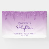 Glam Paarse Glitter Drip 80ste Verjaardag Spandoek (Horizontaal)
