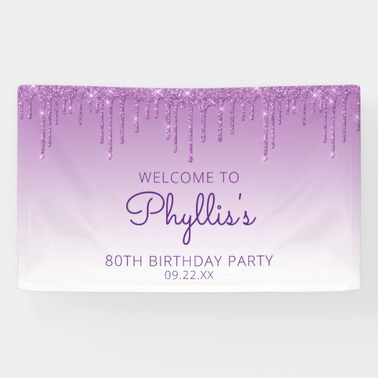 Glam Paarse glitter Drip 80th Birthday Spandoek (Horizontaal)