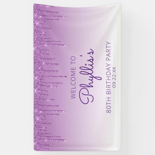 Glam Paarse glitter Drip 80th Birthday Spandoek (Verticaal)