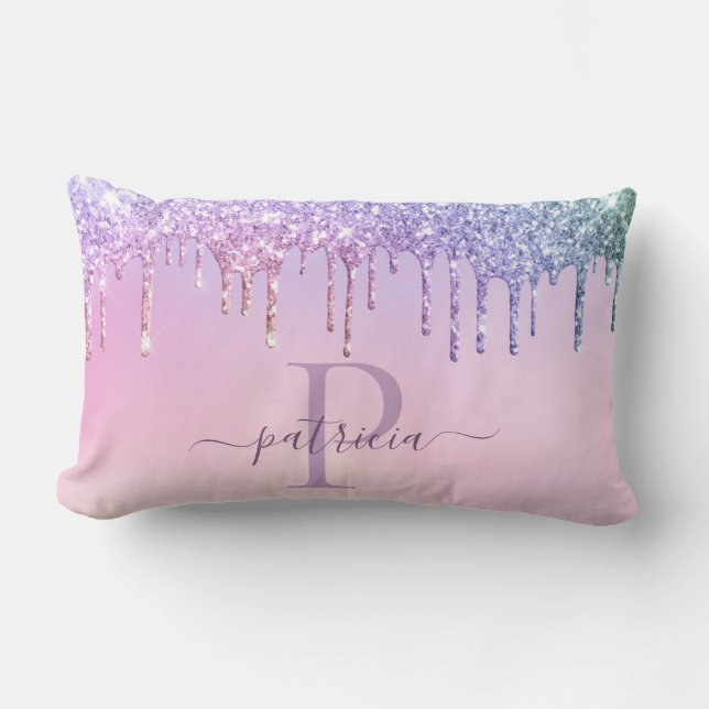 Glam Paarse Glitter Druppels Elegant Monogram  Len Kussen (Voorkant)