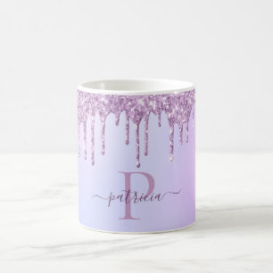 Glam Paarse Glitter Druppels Elegante Monogram Koffiemok