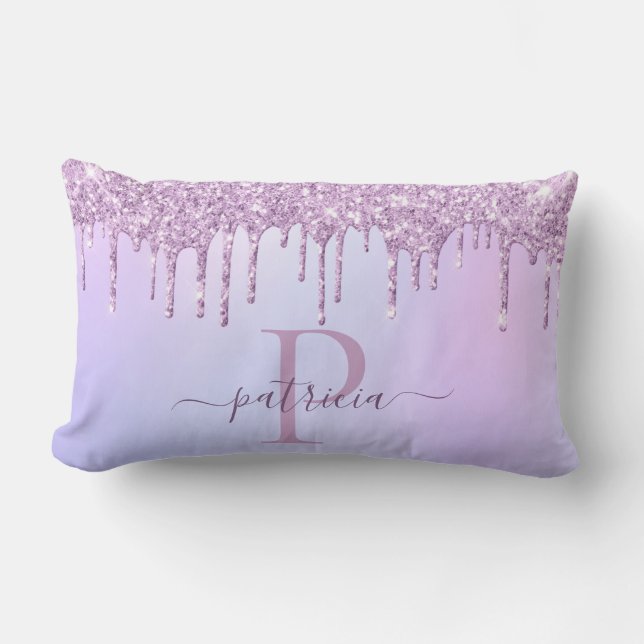 Glam Paarse Glitter Druppels Elegante Monogram Kussen (Voorkant)