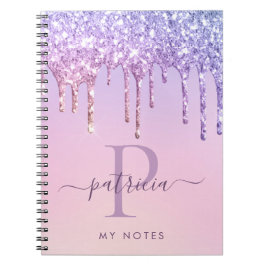 Glam Paarse Glitter Druppels Elegante Monogram Not Notitieboek