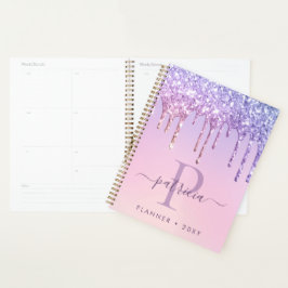 Glam Paarse Glitter Druppels Elegante Monogram Pla Planner