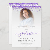 Glam Paarse Glitter Foto 2024 Afstuderen Aankondiging (Voorkant / Achterkant)