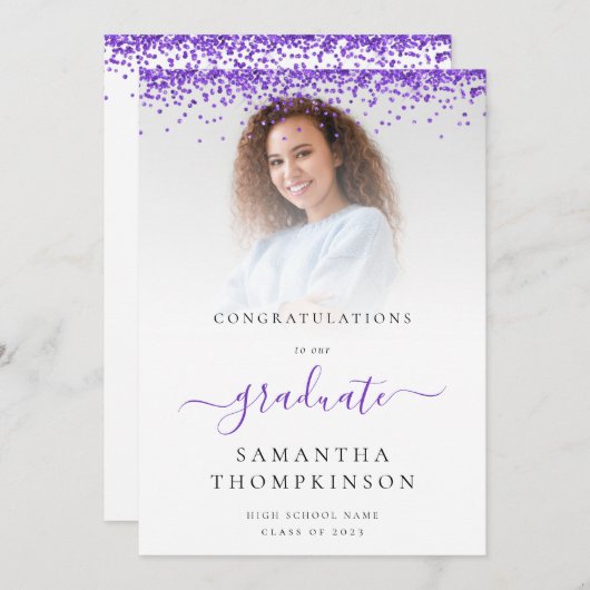 Glam Paarse Glitter Foto 2024 Afstuderen Aankondiging (Voorkant / Achterkant)