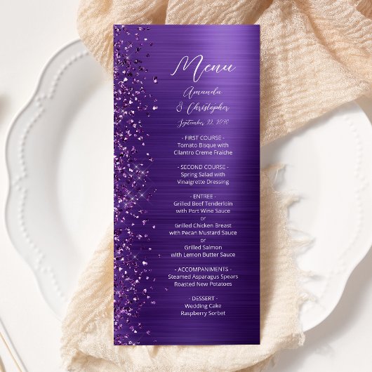 Glam Paarse Glitter Geborsteld Metaal Bruiloft Menu