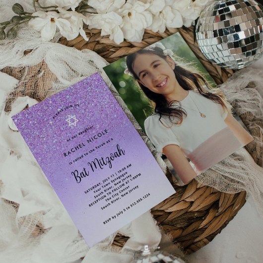 Glam Paarse Glitter Look Bat Mitzvah | Foto Terug Kaart