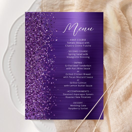 Glam Paarse Glitter Script Bruiloft Menu
