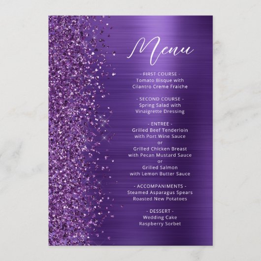 Glam Paarse Glitter Script Wedding Menu (Voorkant)