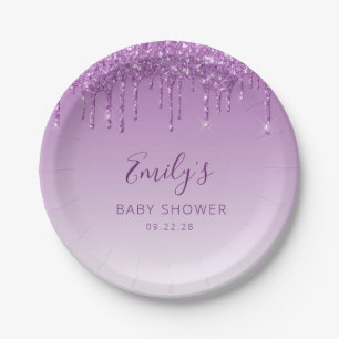 Glam Paarse Glitterdruppel Baby Shower Papieren Bordje