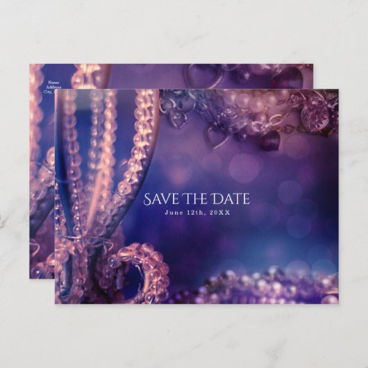Glam Paarse Glow Chic Glamor Pearls Save the Date Aankondigingskaart (Voorkant / Achterkant)